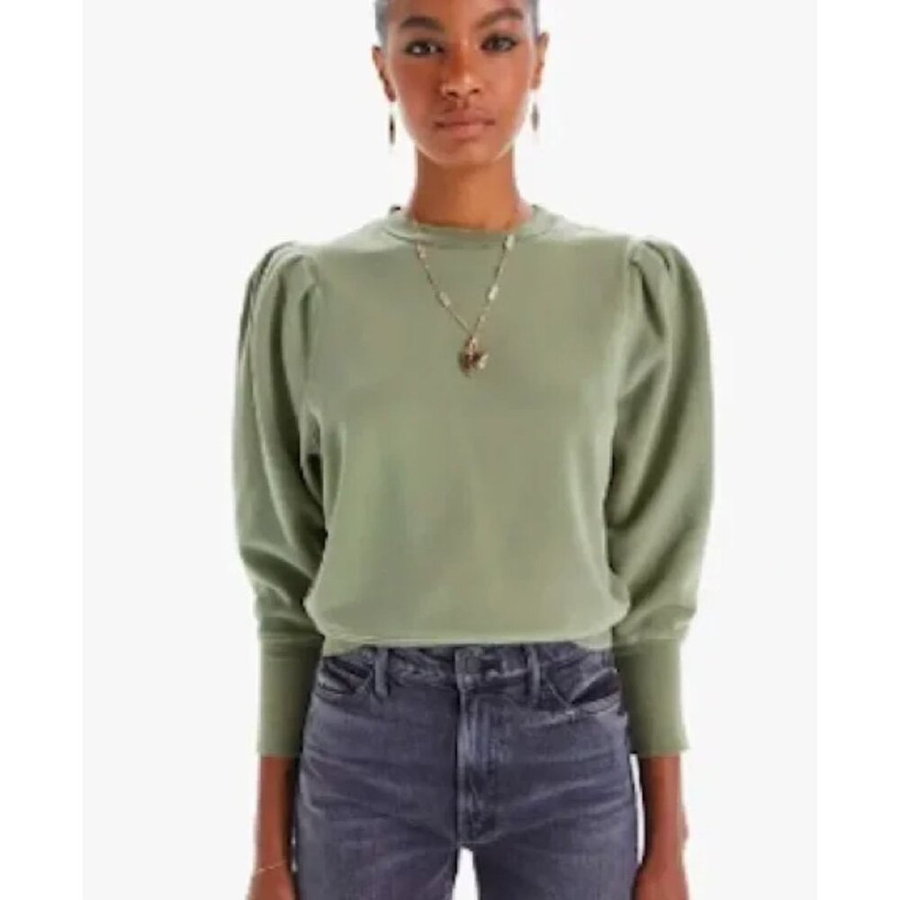 New MOTHER The Curve Ball Sweatshirt Avocado Green Puff Sleeve Size XL $158 [jb]